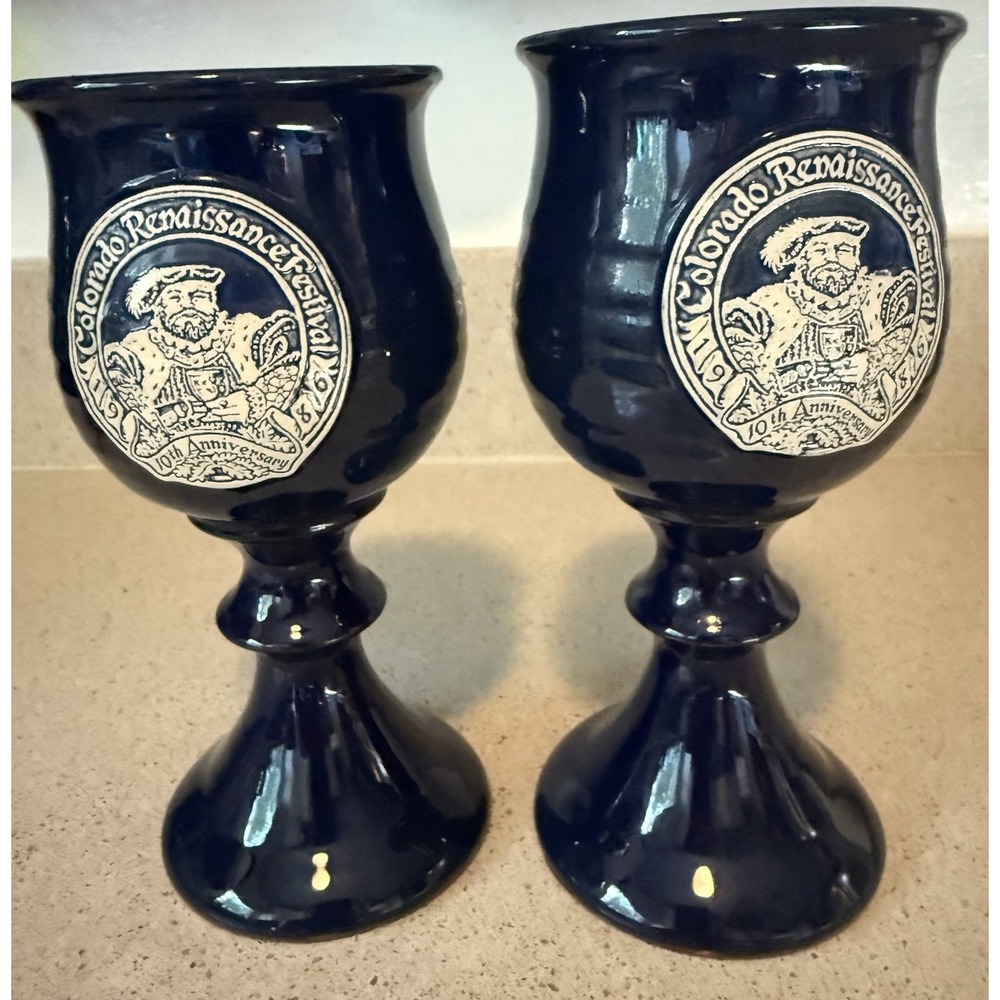 2 Colorado Renaissance Fair Blue Glazed Stoneware Goblets King Henry 8th 1986